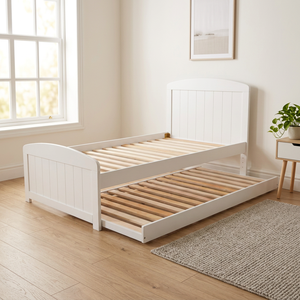 Full Size Minimalist Trundle <b>Bed</b> Frame with Hidden <b>Slide</b>-Out <b>Bed</b> - Space-Saving Bunk <b>Bed</b> Alternative (White/Black) - Product Image 1