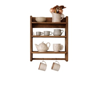 Étagère murale en bois naturel à deux niveaux, en bois massif, pour la cuisine, le salon, style rustique rétro - Product Image 5