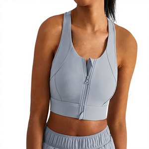 Soutien-gorge de sport gris bleu à fermeture éclair sur le devant avec logo personnalisé pour femme, maintien élevé, antichoc, rembourré, pour la course et le fitness, haut court, vêtements de sport OEM - Product Image 1