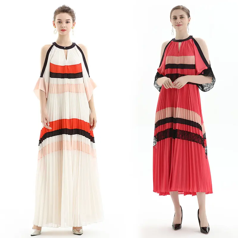 ND074 custom women's maxi pleated dress new design elegant chiffon dress gowns for women white red long dress