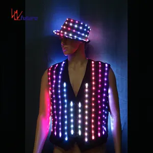カスタムLEDライトピクセルベストスーツdjパーティーナイトクラブはフロートパレード用のフルカラー照明ダンスドレスコスチューム帽子を着用します