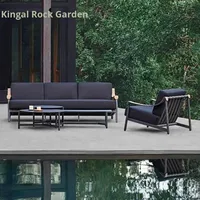 Ensemble de salon de jardin design nordique pour cour, terrasse, villa, table basse en alliage d'aluminium, chaise en rotin tressé PE, coussins imperméables