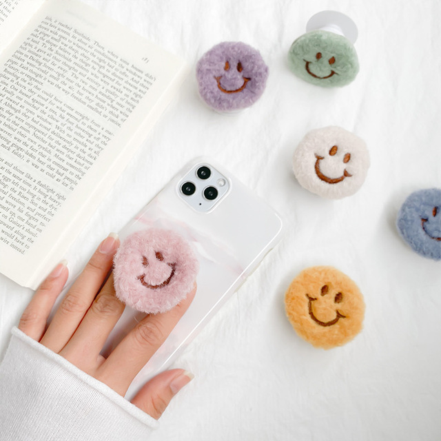 Customized Smile Fur Plush Promotional Gift Mobile Accessories Phone Grip Cellphone Stand Table Phone Holder Sockets