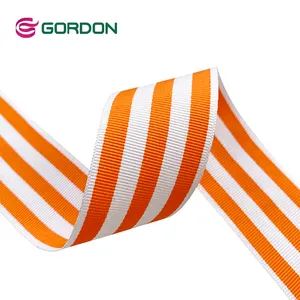 Gordon Ribbons disesuaikan Logo bergaris pita Grosgrain pita oranye & warna putih kemasan hadiah pita karet