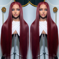 Perruque frontale en dentelle HD 99j 13x6 en gros, cheveux humains vierges brésiliens, dentelle suisse, couleur bordeaux, perruques pour femmes noires