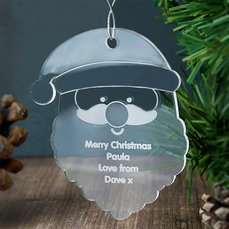 Personalizado acrílico santa decoração clara acrílico natal pendurado ornamentos laser corte papai noel com logotipo impresso ou gravado