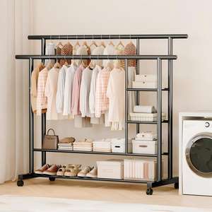 Perchero Metálico Multifuncional de Doble Barra con Estantes de Almacenamiento Gruesos para Dormitorio o Balcón, Estante Vertical de Piso - Product Image 5