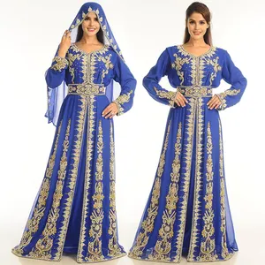 Modest Royal Blue Georgette Hand Embroidery Bridal Kaftan Hijab Set Luxury Dubai Kaftan Dress for Muslim Women