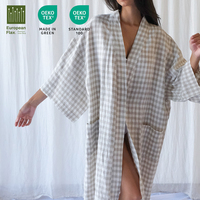 Femmes nouveau ong beige vichy manches confortable français européen lin biologique peignoir Kimono ceinturé 100% lin spa peignoir de bain