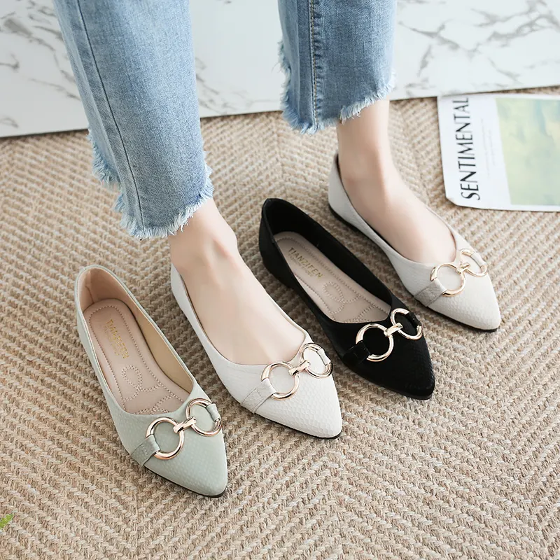 Pointy Toe Gold Buckle Women Shoes Ballerina Shoes Wholesale Fashion Soft Comfortable Fashion Work Shoes Summer Slip On Flats