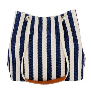 Striped Canvas Beach Tote <b>Bag</b> <b>Large</b> <b>Drawstring</b> Closure Shopping <b>Bag</b> Blue White Pattern - Product Image 4