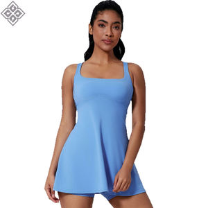 Vestido Deportivo de Yoga con Cuello Cuadrado para Mujer, Sensación Desnuda, Espalda Descubierta con Pantalones Cortos Interiores, para Entrenamiento, Fitness, Golf - Product Image 1