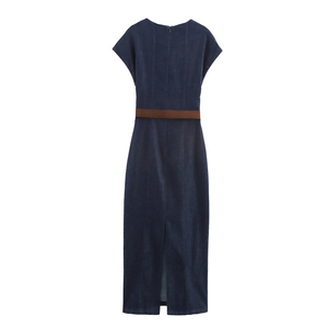Abito <span class=keywords><strong>Lungo</strong></span> in Denim <span class=keywords><strong>Blu</strong></span> Scuro <span class=keywords><strong>con</strong></span> Collo Tondo e <span class=keywords><strong>Spacco</strong></span> Posteriore, Casual e alla Moda per l'Estate, <span class=keywords><strong>con</strong></span> Cintura per Donna - Product Image 2