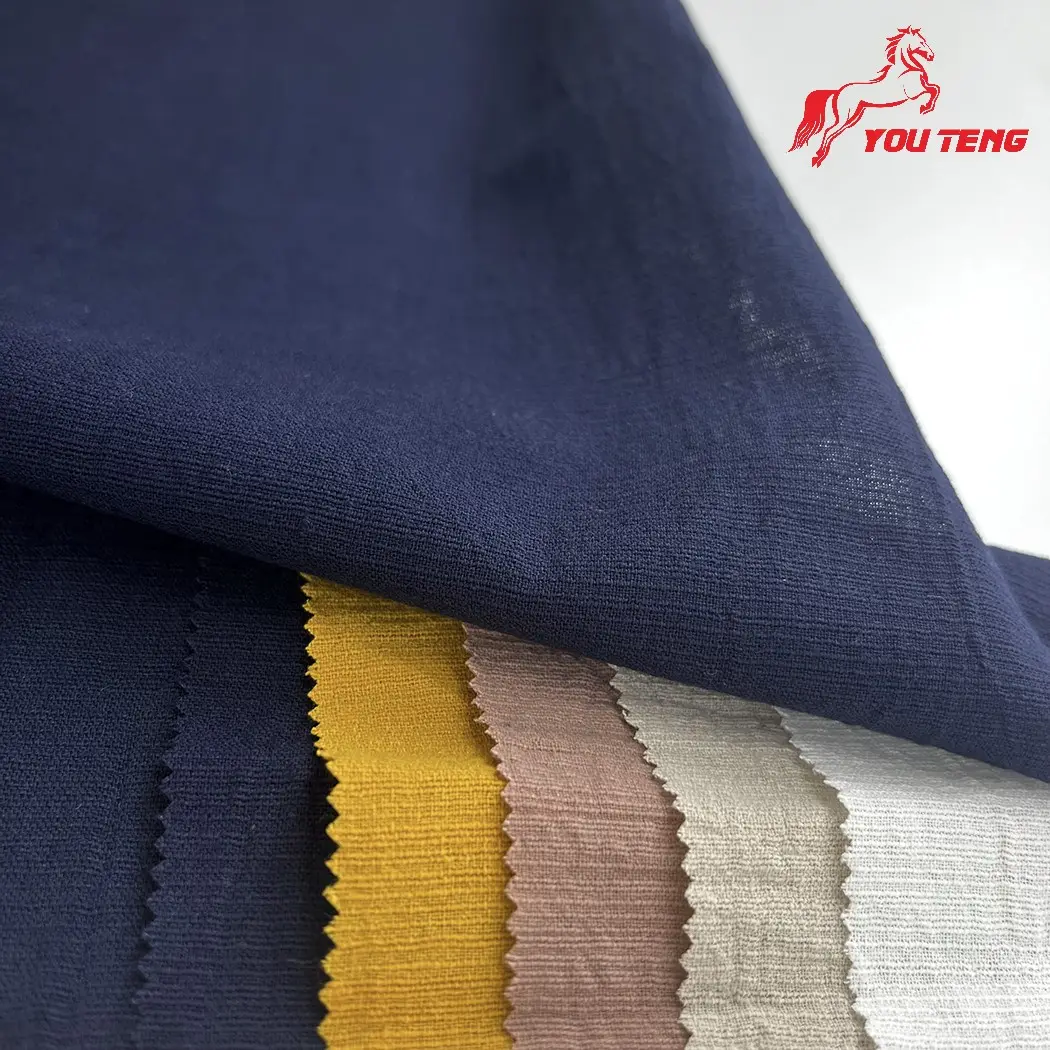 Water Washed Soft Hand Feel 130gsm 100% Recycled Cotton Crinkle Fabrics Linen Look Stripe Fabric For Ladies Dress Clothing