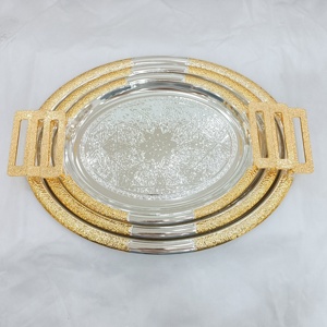 Bandeja Redonda <span class=keywords><strong>de</strong></span> <span class=keywords><strong>Metal</strong></span> <span class=keywords><strong>de</strong></span> Lujo Estilo Árabe Personalizada, Juego <span class=keywords><strong>de</strong></span> 3 Bandejas <span class=keywords><strong>de</strong></span> Servir <span class=keywords><strong>de</strong></span> Hierro con Asas - Product Image 4