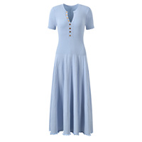 Robe longue noire en coton tricoté respirant pour femme, avec boutons métalliques à la taille, col en V et manches courtes, coupe trapèze