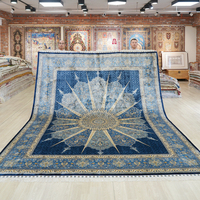 Tapis persan de luxe fait main en soie naturelle bleue à poils longs, résistant aux taches, 9x12 pieds