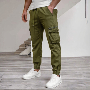 Pantalon cargo baggy décontracté léger pour homme, 100 % coton, coupe droite, délavage foncé, devant plat, taille mi-haute, 6 poches - Product Image 3