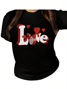 T-shirt Casual da Donna Taglie Forti a Maniche Corte Girocollo Nero Rosso Bianco Stampa Cuore Amore Stampa a Rilievo 100% Cotone Primavera - Product Image 1