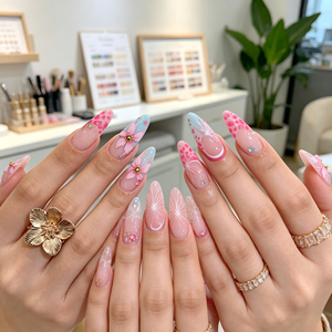 <span class=keywords><strong>Uñas</strong></span> Acrílicas Francesas <span class=keywords><strong>con</strong></span> Forma de Almendra, Diseño Pre-pintado <span class=keywords><strong>con</strong></span> Flores <span class=keywords><strong>3D</strong></span> y Perlas para Uso en Dedos - Product Image 1