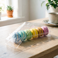 Boîte à macarons transparente de qualité alimentaire, multi-compartiments, empilable, avec insert en plastique transparent pour l'emballage de macarons français et de desserts.