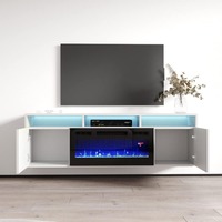 Meuble TV mural flottant moderne blanc sur mesure avec finition haute brillance, porte cannelée et éclairage LED