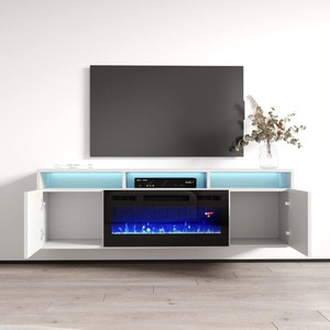 Modern White Custom High Gloss Floating Wall Mount <strong>Fireplace</strong> <strong>TV</strong> <strong>Stand</strong> <strong>with</strong> Fluted Door LED Light - Product Image 4