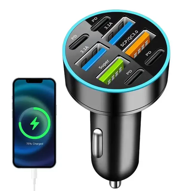 8 Ports USB C Car Charger 100W QC3.0 PD SCP Fast Charging Hub for Phones & Tablets