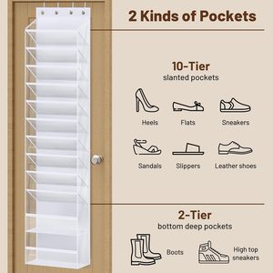 12 Tier Over The Door <b>Shoe</b> Organizer Hanging Rack For Closet Storage White Mesh <b>Shoe</b> <b>Holder</b> With 12 Compartments For <b>Shoes</b> - Product Image 4