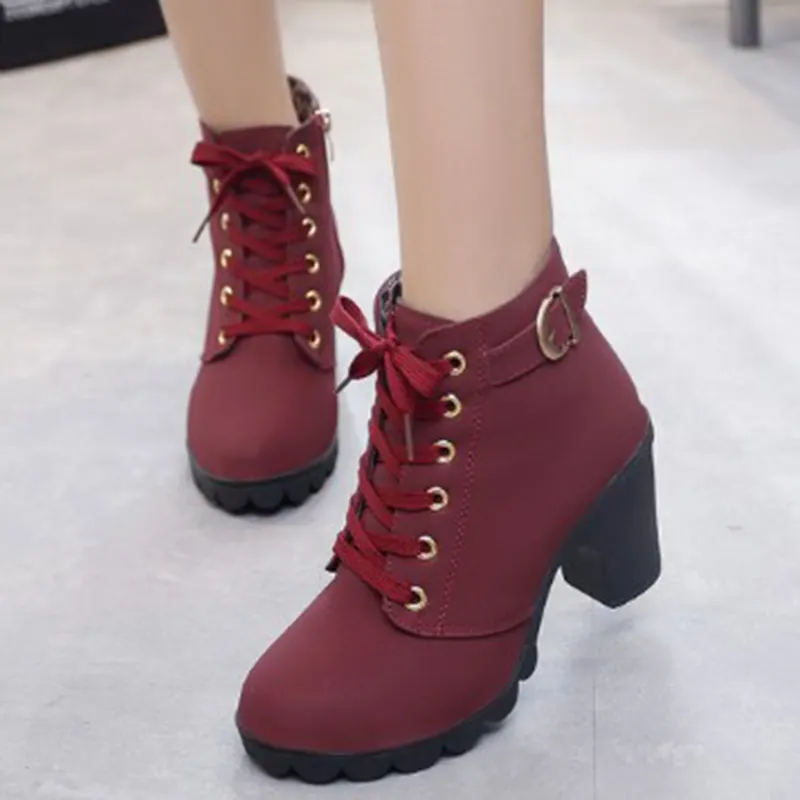 Fall winter PU leather thick sole heighten lace up High Top ankle boots women's casual shoes