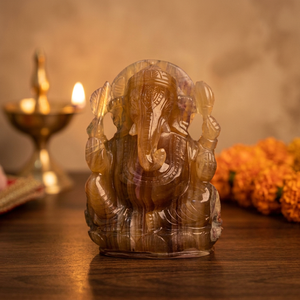 Natural Fluorite Ganesha Statue Hand Carved Honey Banded Gemstone Hindu <b>Elephant</b> God Idol Altar <b>Decor</b> - Product Image 3