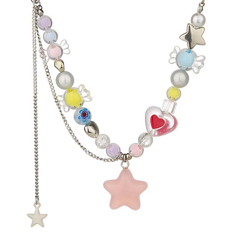 DAIHE NC6364 Pink Star Candy Color Beaded Necklace for Women