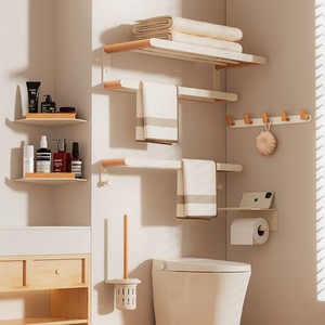 Natural Wood Cream Bathroom Towel Rack 60X70cm Corner Wall Mounted Storage Organizer With Hooks For Towels And Toiletries - Product Image 1