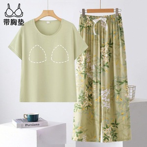 Women Sleepwear Set Cotton Short Sleeve With Chest Pads Floral Print Loose Fit Casual Home Wear Middle Aged - Product Image 1