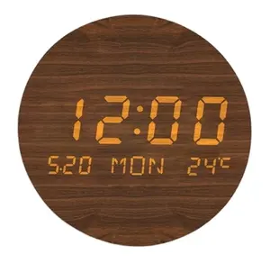 Relógio de parede digital LED moderno, despertador de parede redondo de madeira para decoração de casa, grande display