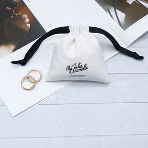 Custom logo Pouch Wholesale Ring Pouch Cotton Linen Drawstring White Pouch with <b>Black</b> <b>String</b> - Product Image 3