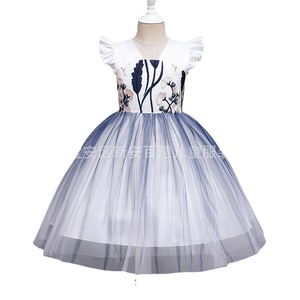 Vestido de tul bordado para niños, cuello en V, corte en A, vestido de niña de las flores azul oscuro, hecho a medida para niños - Product Image 3