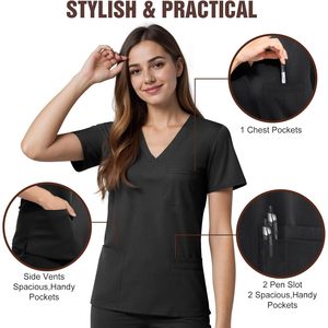 Women V-Neck <b>Scrub</b> <b>Top</b> 4 Pocket Premium Stretch Medical Workwear Hospital Uniforms - Product Image 3