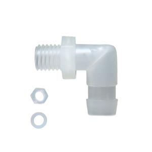 Conector de codo de plástico con rosca M12 de 10 mm de diámetro con tuerca y arandela para conexión de manguera - Product Image 1