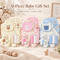 Ensemble cadeau nouveau-né en gros – Lot de 9 pièces en coton avec body, grenouillère, bonnet, bavoir, couverture et jouet en peluche