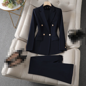 Ensemble <span class=keywords><strong>tailleur</strong></span> <span class=keywords><strong>pantalon</strong></span> élégant pour femme, blazer croisé, coupe ajustée, boutons dorés, idéal pour le bureau et les occasions formelles - Product Image 1
