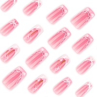 Uñas Postizas Rosas con Diseño de Lazo y Corazón, Punta Francesa 3D, Acabado Brillante, Forma Ataúd, para Bodas, Fiestas, Salón de Manicura 4332