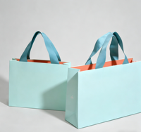 Sacs fourre-tout élégants en carton bicolore vert menthe et orange avec poignées longues, écologiques, réutilisables, logo personnalisable
