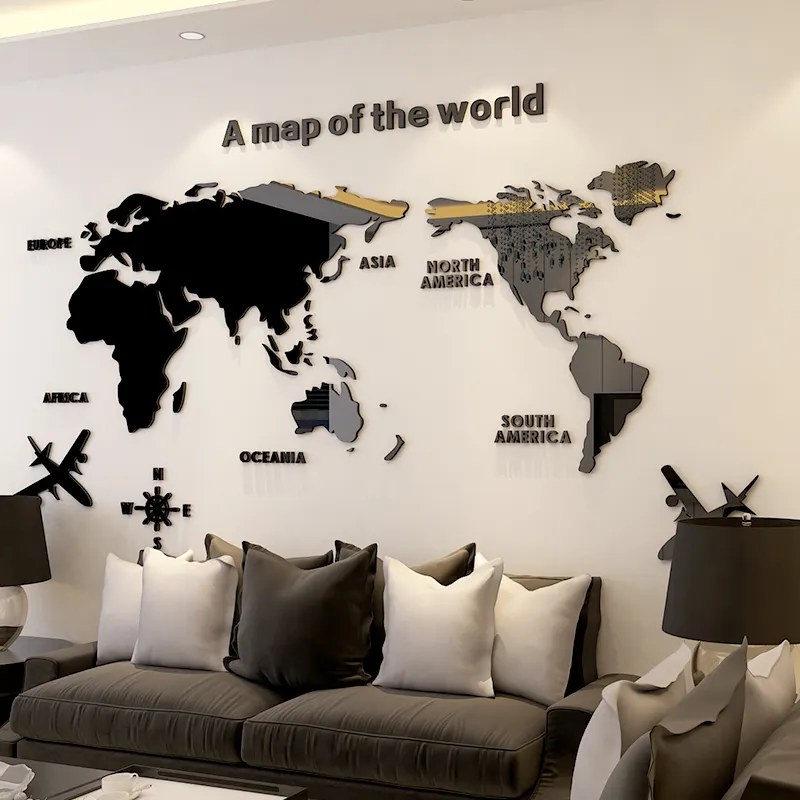 Autoadhesivo Decoración del hogar Mapa del mundo negro 3D Acrílico Pegatinas de pared