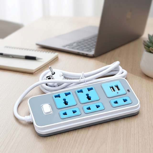 KEPAI Universal Power Strip with 5 Outlets + 2 USB Ports, EU Plug 10A 250V Multi-Function Extension Cord with On/Off Switch