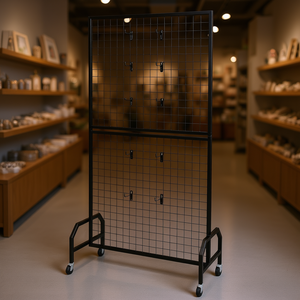 Étagère de présentation en acier au carbone noir, 2,9 x 5,9 pieds, mobile, avec 10 crochets, roulettes, style industriel - Product Image 2