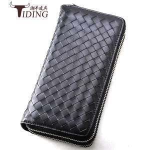 Tiding Woven Leather <b>Long</b> Wallet Double Zipper Unisex Clutch <b>Bag</b> Black 4009-2 - Product Image 1