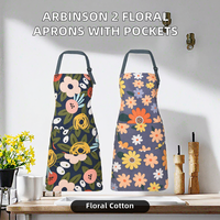 Tablier en coton réglable ARBINSON à motif floral pour femmes avec poches, lavable en machine, pour cuisine, cuisson, barbecue (bleu/fleurs)