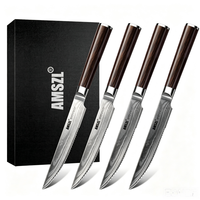AMSZL Ensemble de 4 couteaux à steak personnalisés en acier inoxydable japonais à haute teneur en carbone avec manche en bois pakka Boîte-cadeau incluse