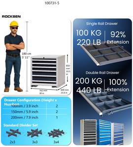 रॉकबेन कार्यशाला गेराज धातु उपकरण कैबिनेट भारी शुल्क स्टील उपकरण छाती भंडारण ट्रॉली कार सेट आयोजक कार्यशाला उपकरण - Product Image 2